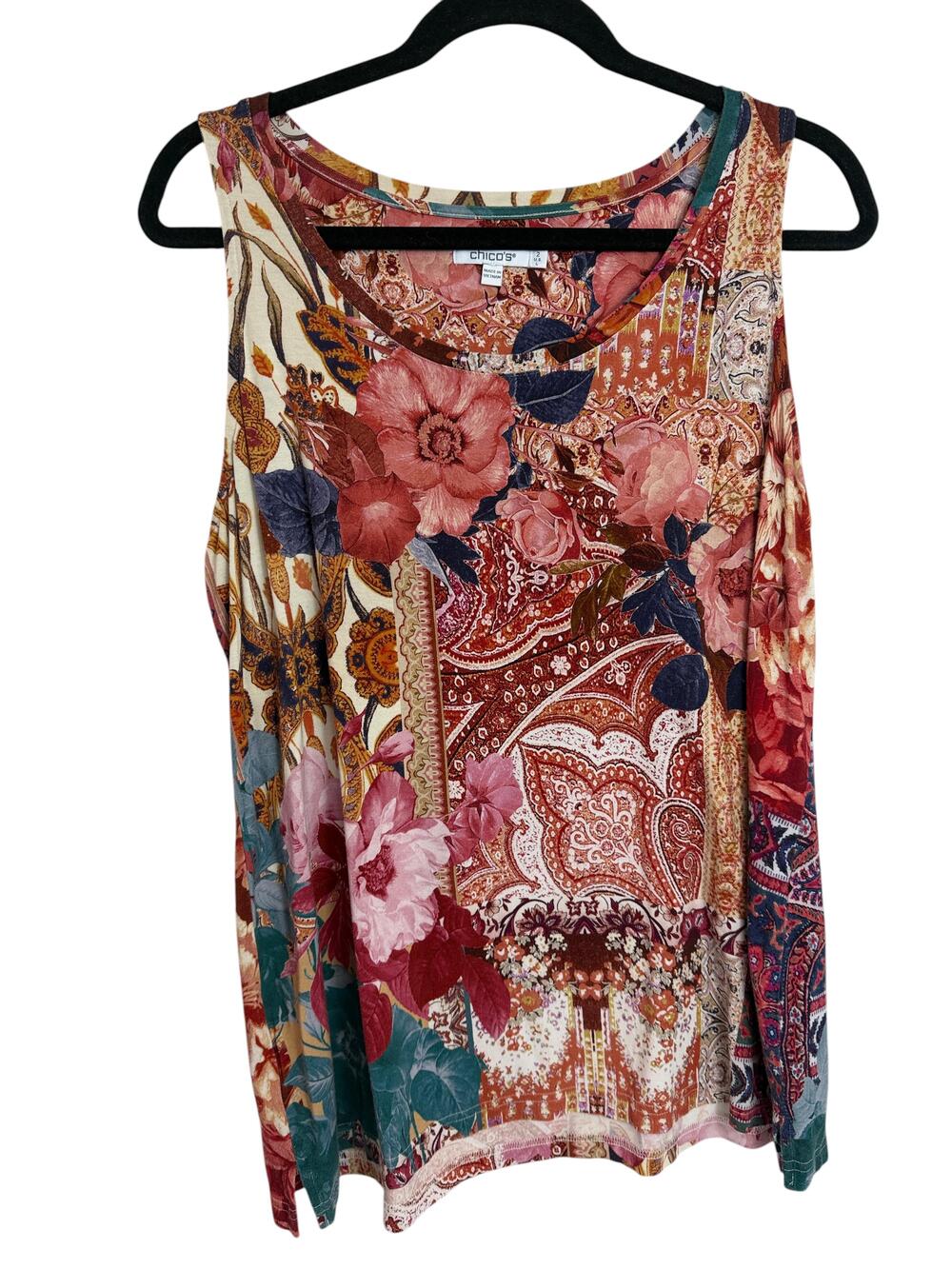 Chicos Tank Top Womens 2 Large Multicolor Floral Paisley Scoop Neck Stretch